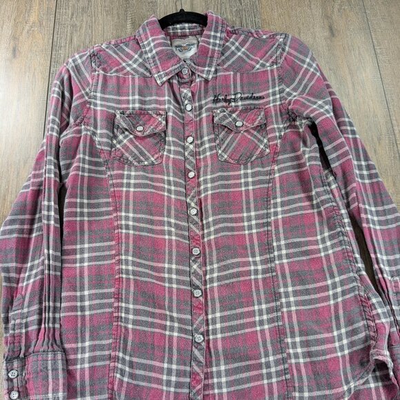 Harley Davidson Top Womens Medium Pink Plaid Snap Button Long Sleeve Bikercore - Picture 2 of 9